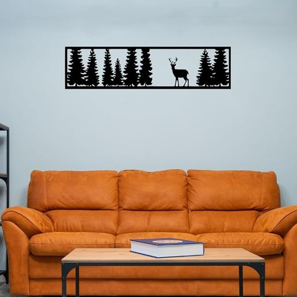 Rustic Deer & Pine Forest Wall Art – Modern Metal, Wood & Acrylic Silhouette | Nature-Inspired Home Décor