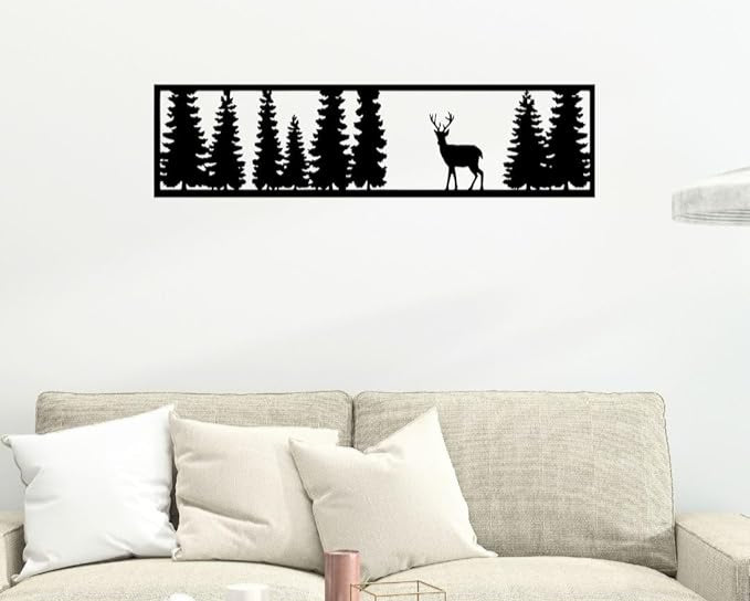 Rustic Deer & Pine Forest Wall Art – Modern Metal, Wood & Acrylic Silhouette | Nature-Inspired Home Décor