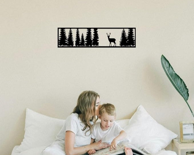 Rustic Deer & Pine Forest Wall Art – Modern Metal, Wood & Acrylic Silhouette | Nature-Inspired Home Décor