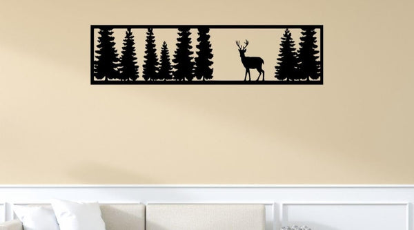 Rustic Deer & Pine Forest Wall Art – Modern Metal, Wood & Acrylic Silhouette | Nature-Inspired Home Décor