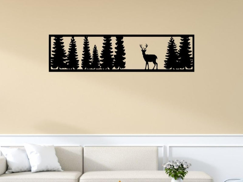 Rustic Deer & Pine Forest Wall Art – Modern Metal, Wood & Acrylic Silhouette | Nature-Inspired Home Décor