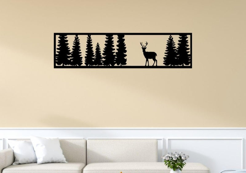 Rustic Deer & Pine Forest Wall Art – Modern Metal, Wood & Acrylic Silhouette | Nature-Inspired Home Décor