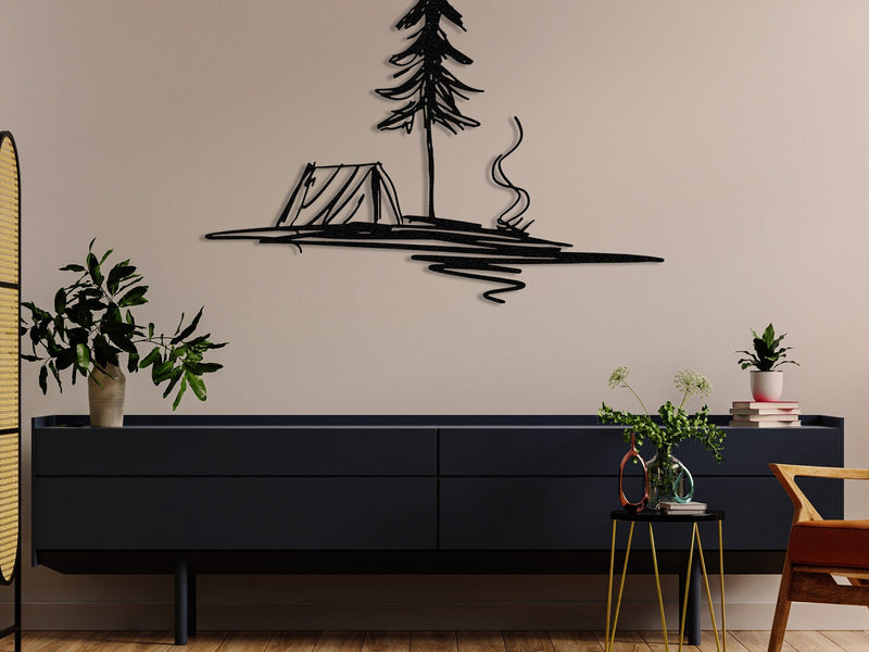 Camping Tent & Pine Tree Metal Wall Art – Rustic Nature-Inspired Wall Décor for Home, Cabin, and Outdoor Lovers