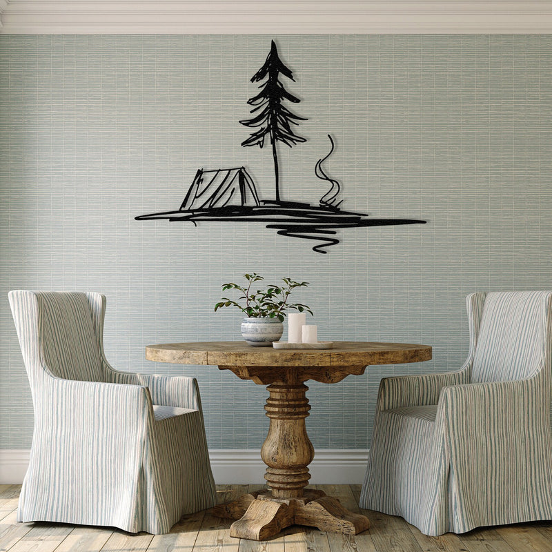 Camping Tent & Pine Tree Metal Wall Art – Rustic Nature-Inspired Wall Décor for Home, Cabin, and Outdoor Lovers