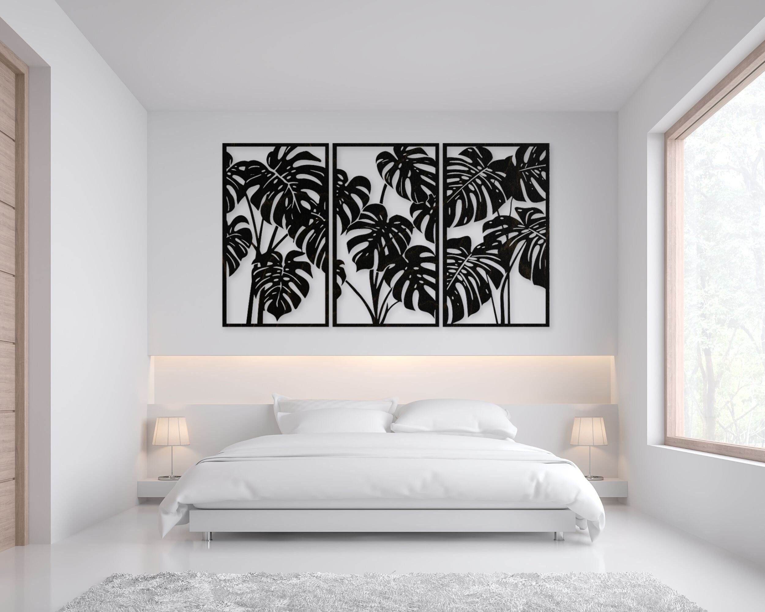 Monstera Leaf Wooden Wall Art, Botanical Large Wall Decor, Overt The Bed Or Living Room Decor