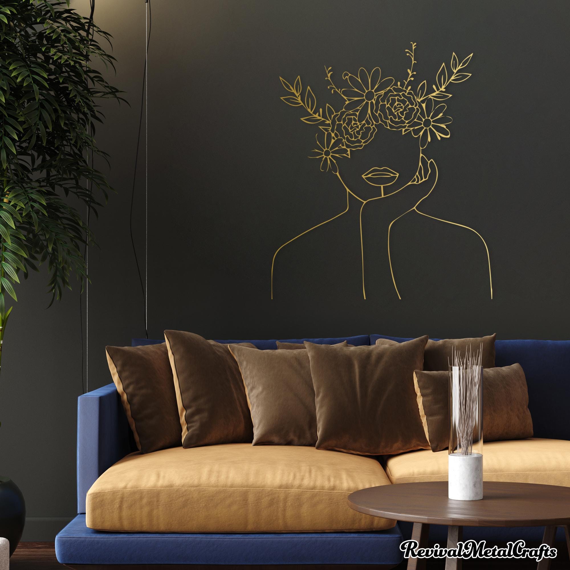 Thinking Woman Line Art | Floral Minimalist Wall Decor | Modern Wall Hanging | Woman Face with Flowers