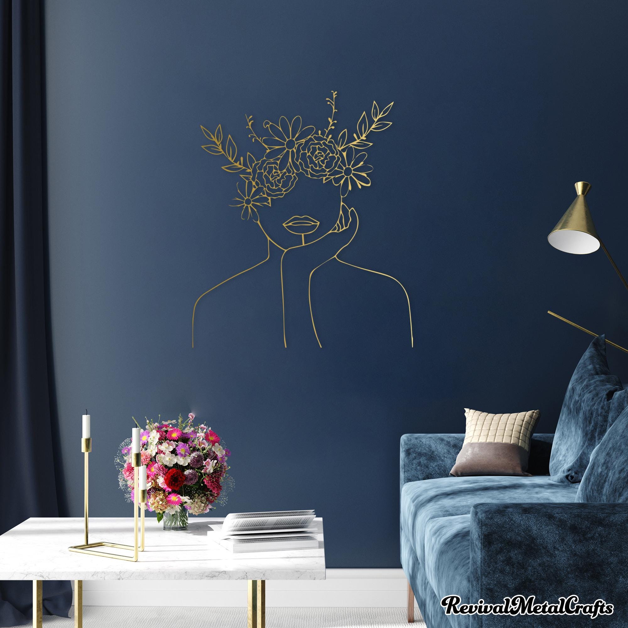 Thinking Woman Line Art | Floral Minimalist Wall Decor | Modern Wall Hanging | Woman Face with Flowers