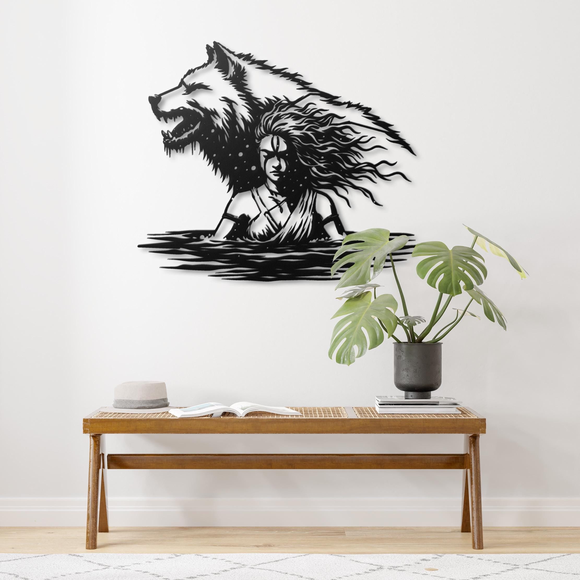 Wolf Spirit Woman Metal Wall Art Warrior Protector Steel Silhouette Fantasy Decor Wolf Guardian Wall Hanging Tribal Art Nature Mystical Gift