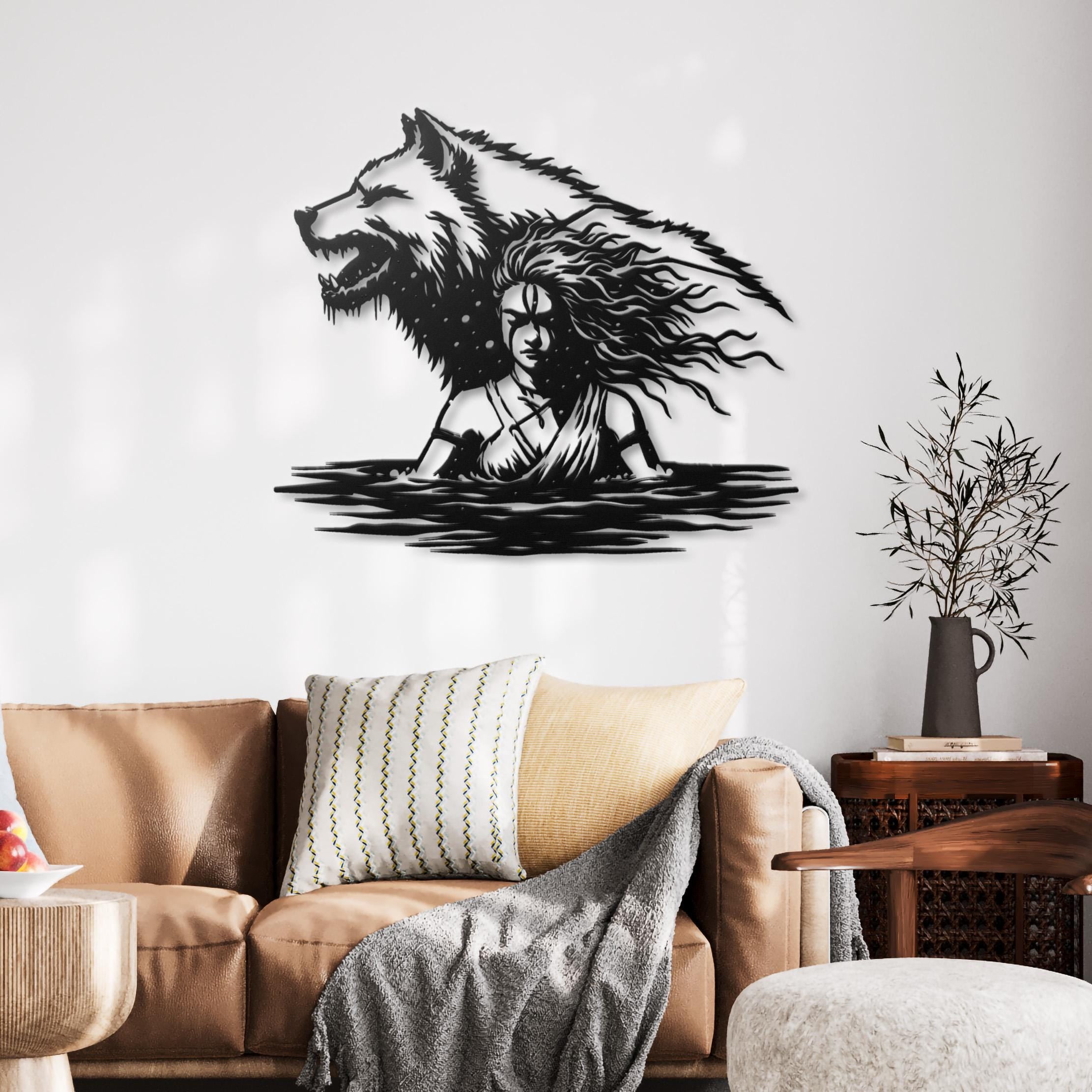 Wolf Spirit Woman Metal Wall Art Warrior Protector Steel Silhouette Fantasy Decor Wolf Guardian Wall Hanging Tribal Art Nature Mystical Gift