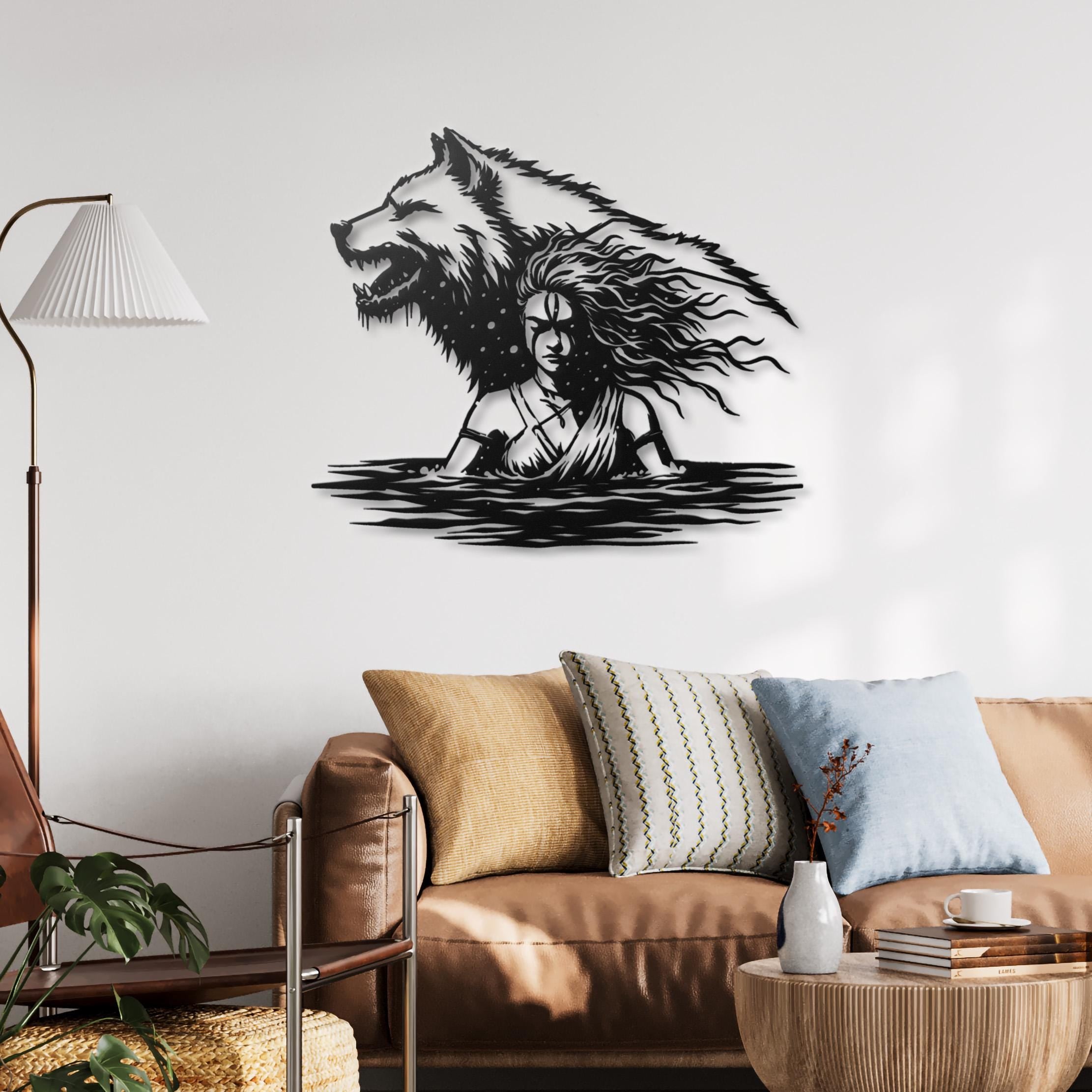 Wolf Spirit Woman Metal Wall Art Warrior Protector Steel Silhouette Fantasy Decor Wolf Guardian Wall Hanging Tribal Art Nature Mystical Gift