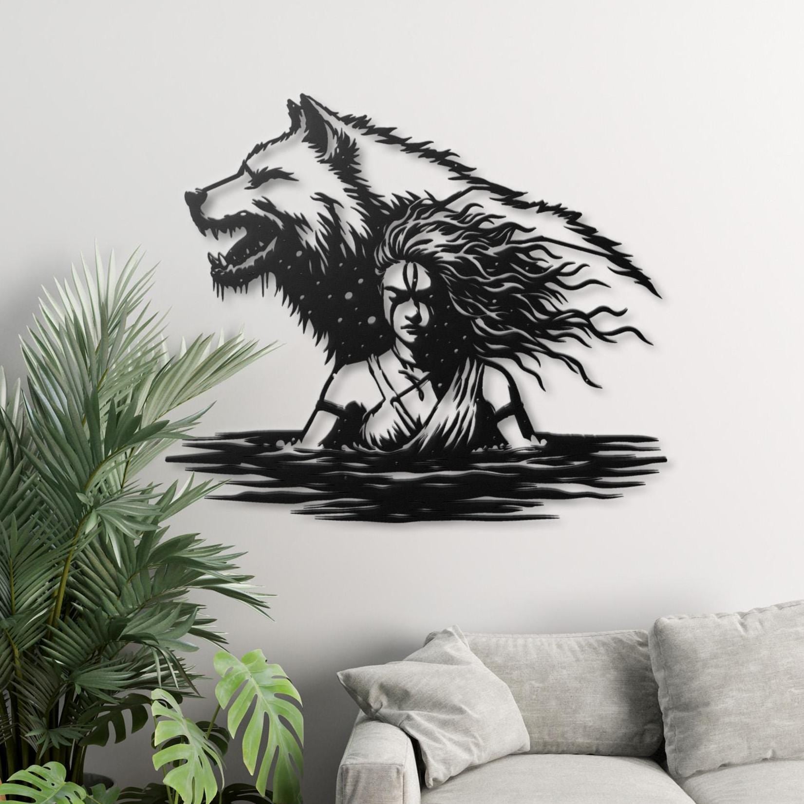 Wolf Spirit Woman Metal Wall Art Warrior Protector Steel Silhouette Fantasy Decor Wolf Guardian Wall Hanging Tribal Art Nature Mystical Gift