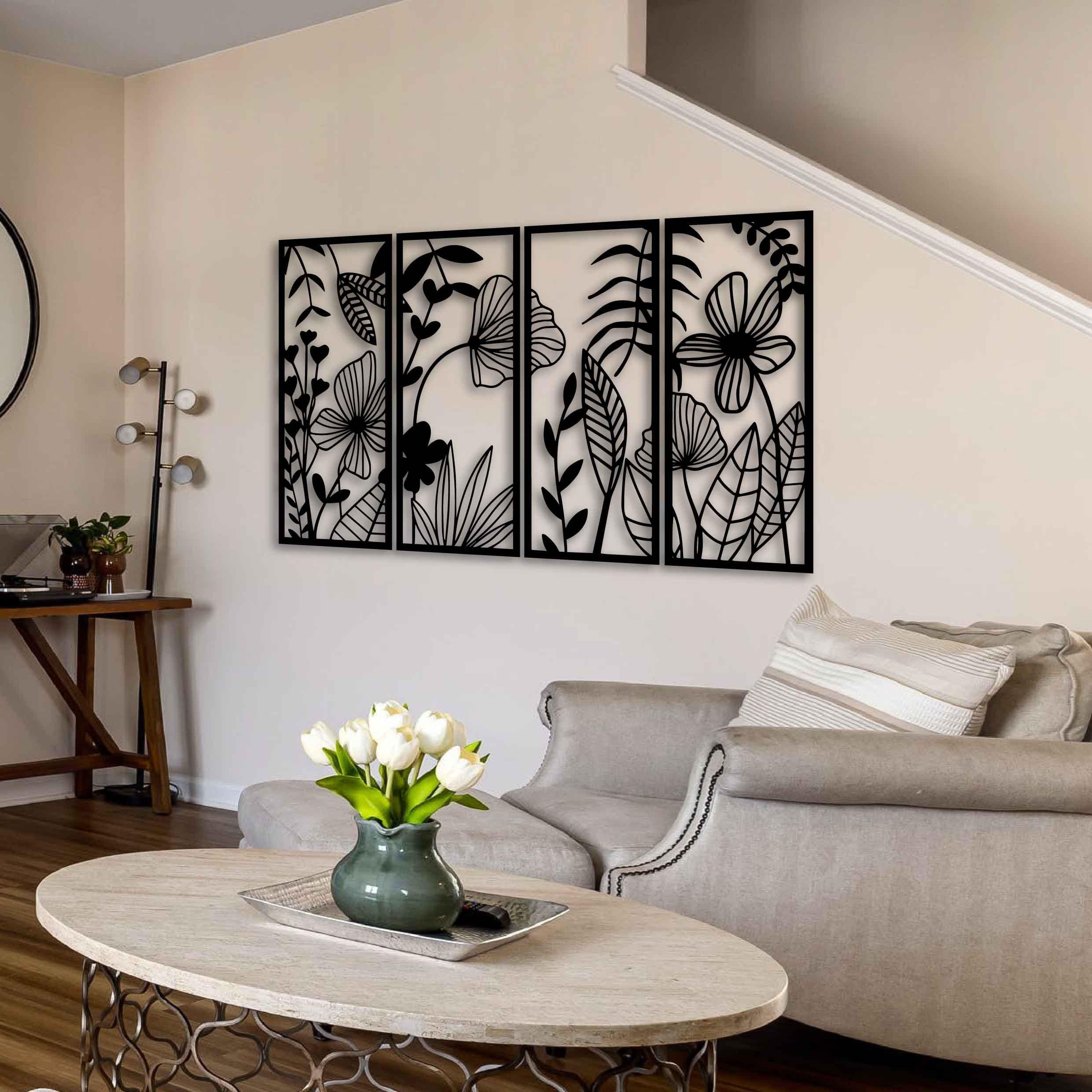 Flowers Metal Wall Art, Gift For Her Wall Art Decor, Set of 4 Large Floral Living Room Art