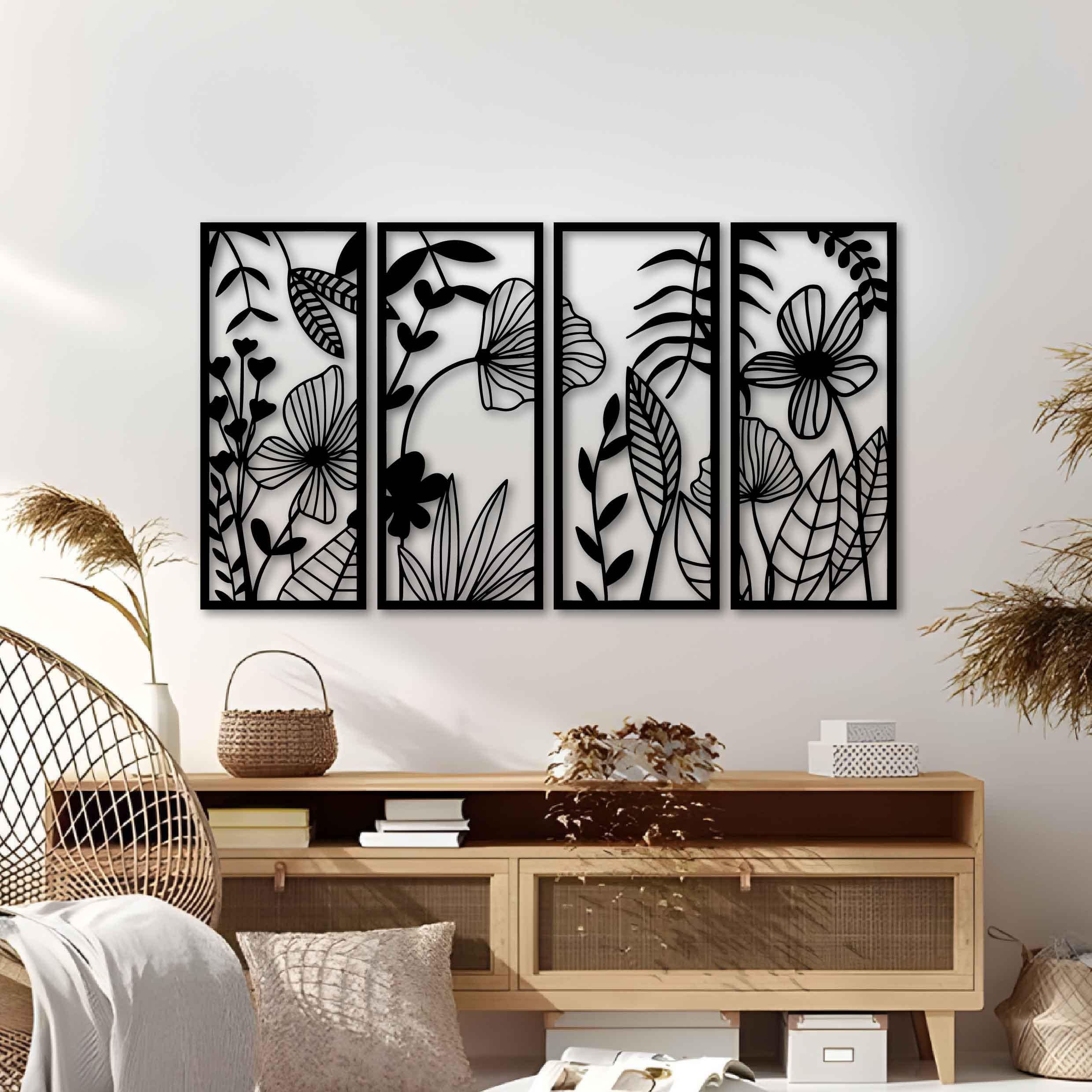 Flowers Metal Wall Art, Gift For Her Wall Art Decor, Set of 4 Large Floral Living Room Art