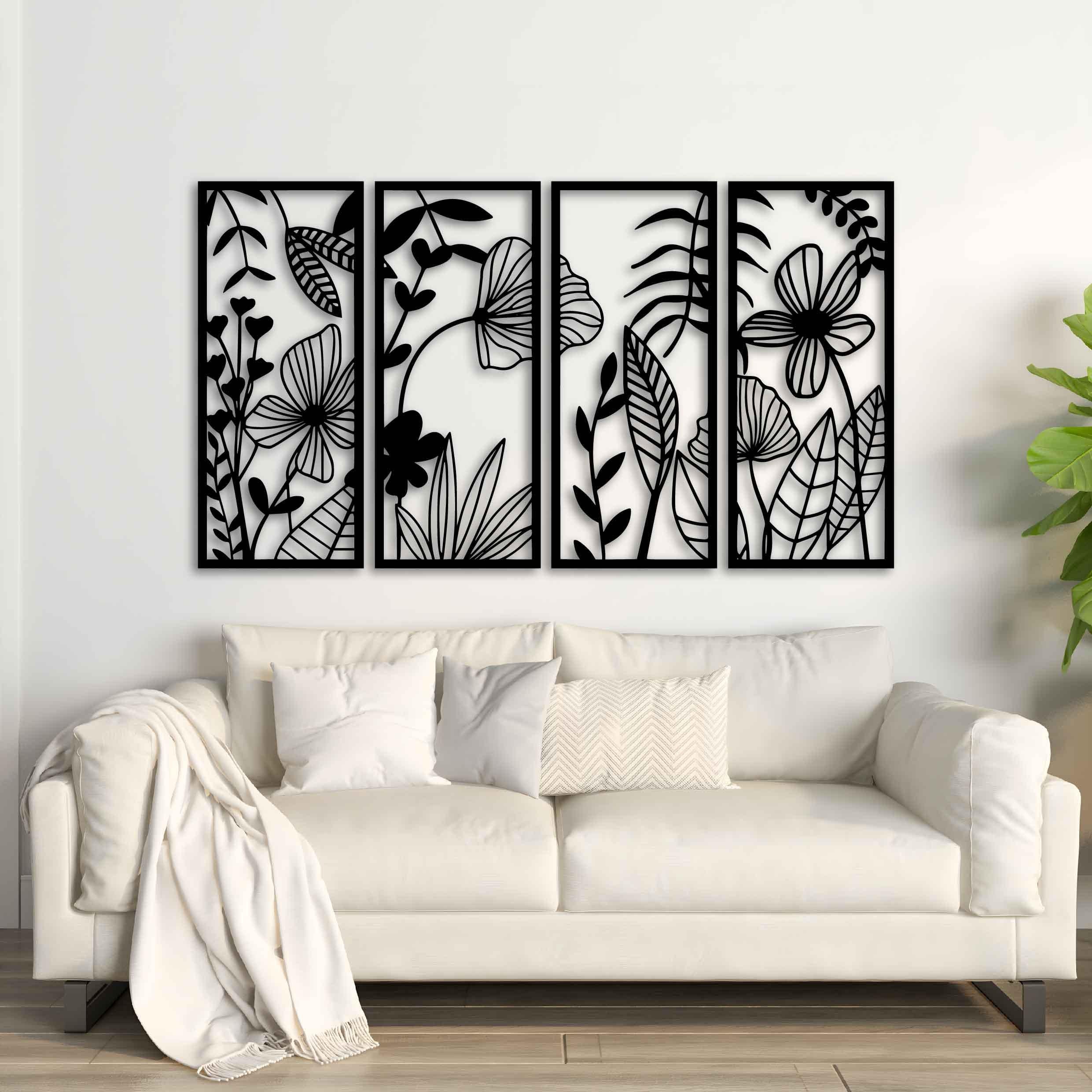 Flowers Metal Wall Art, Gift For Her Wall Art Decor, Set of 4 Large Floral Living Room Art