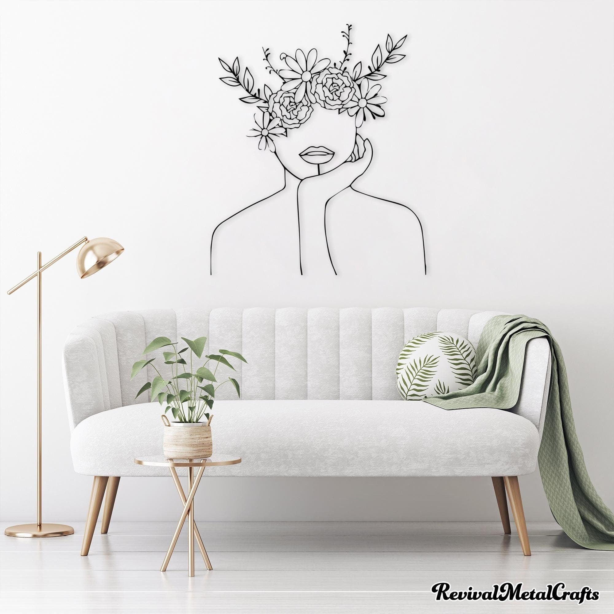 Thinking Woman Line Art | Floral Minimalist Wall Decor | Modern Wall Hanging | Woman Face with Flowers